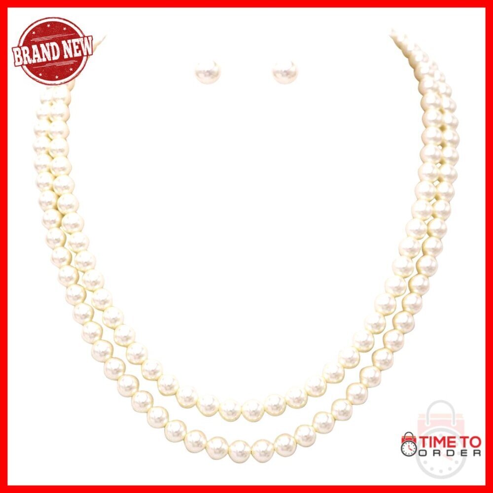 Double Strand Simulated Pearl Necklace Earring Set Adjustable Classic Jewelry